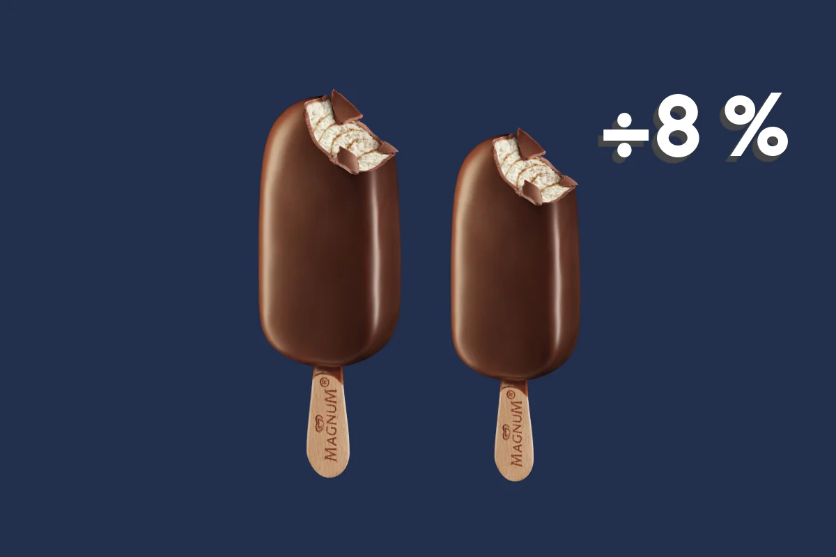 Ifølge Oldmoneys beregning er den chokoladeovertrukne vaniljeis-pind, der sælges fra blandt andet danske benzintanke og kioskers isfrysere, blevet nøjagtig 8,3 % mindre i år. (Foto: Frisko/Oldmoney)