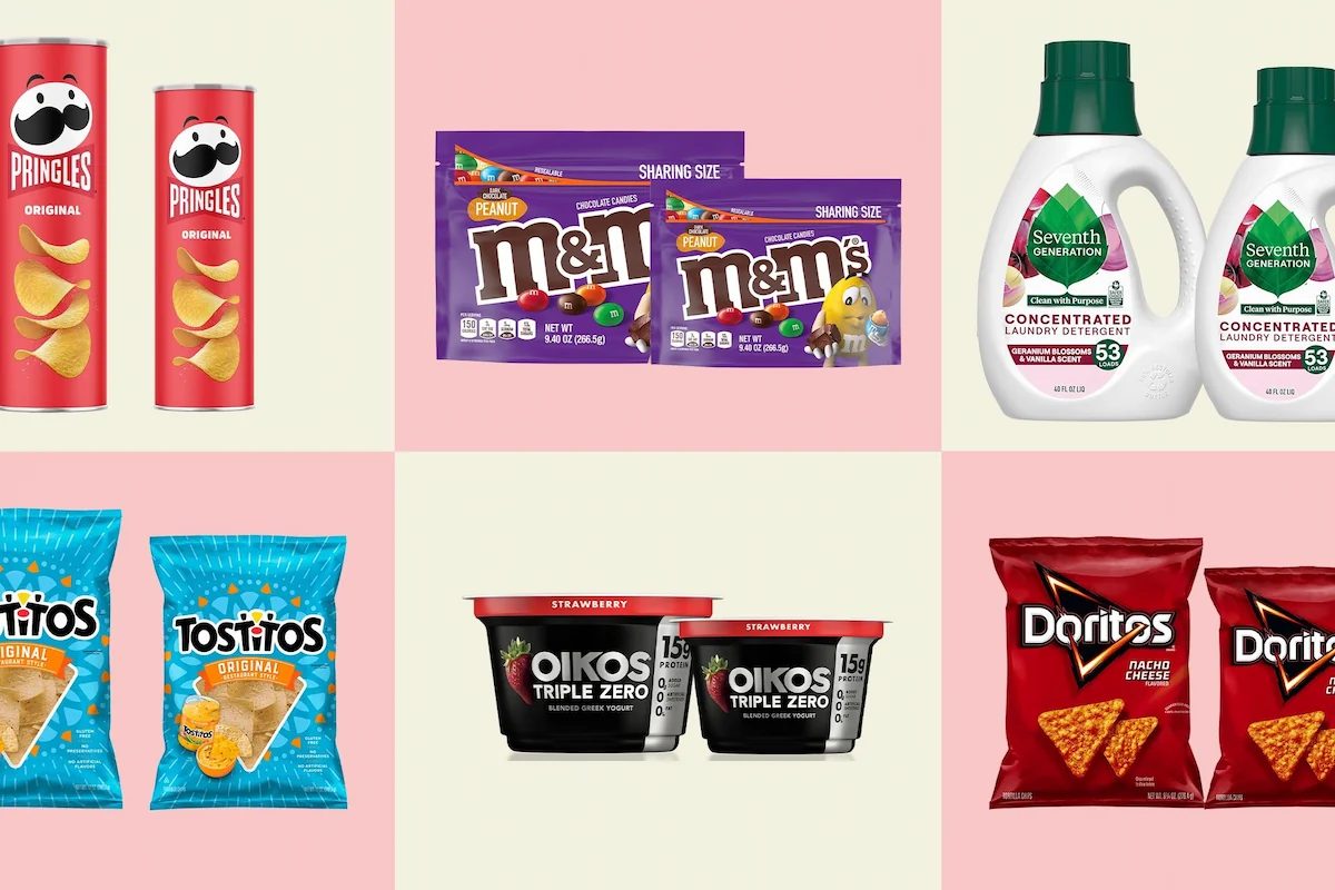 Chips fra Doritos og Pringles, slik fra M&M's, yoghurt og vaskemiddel. Der findes utallige eksempler på produkter, der skrumper i størrelse, uden at falde pris. En skidt tendens, advarer Forbrugerrådet Tænk. (Collage: PR-fotos)
